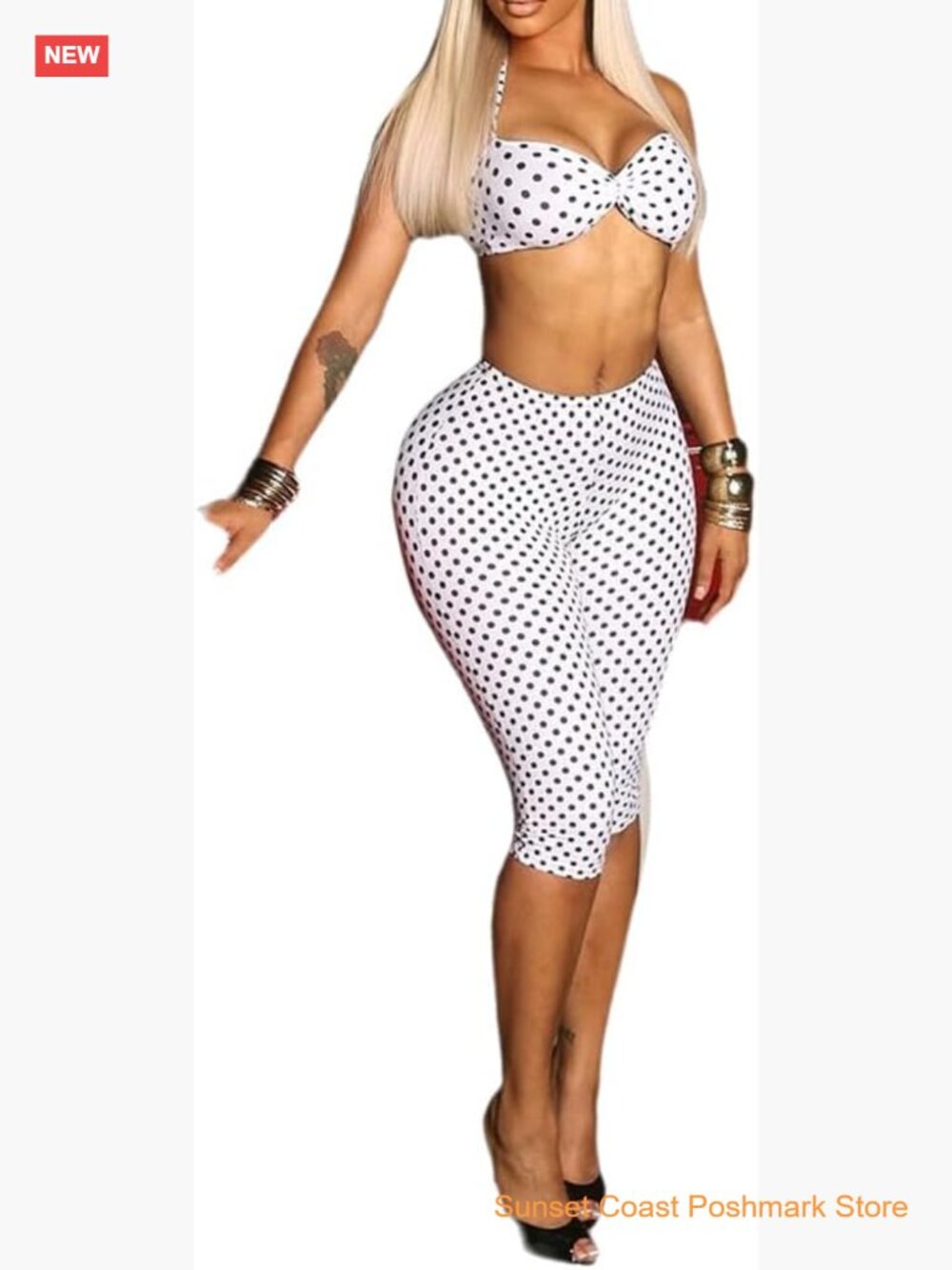 Polka Dot Halter Bra and Capri Pants Set Sexy 2 Piece Outfit